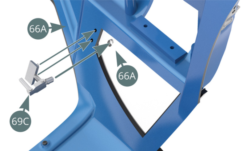 Turn the body over (66A) and position the right latch of the quarter window (69C) on the inside of the right quarter window located at the rear of the body (66A).