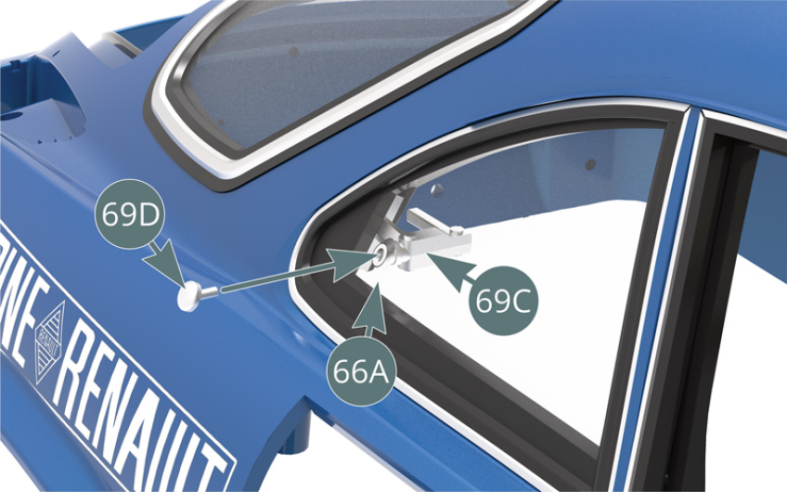 Detach a button (69D) from the sprue and place the button on the right control  latch (69C) on the outside of the right quarter window.