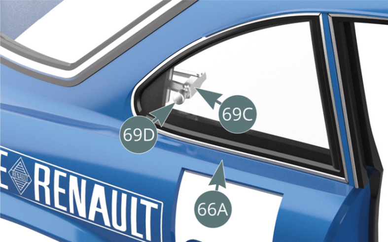 The right latch (69C) and button (69D) are now fixed onto the right rear window of the body (66A).