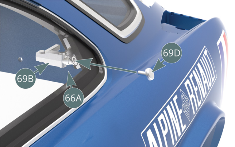 Detach a button (69D) from the sprue and place the button on the left control latch (69B) on the outside of the left quarter window (illustrations opposite and below).