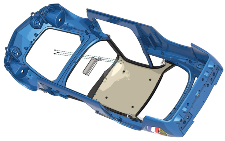 Place the left sun visor support bracket (70A) at the left front corner of the roof lining (69A), then secure it with three NP screws.