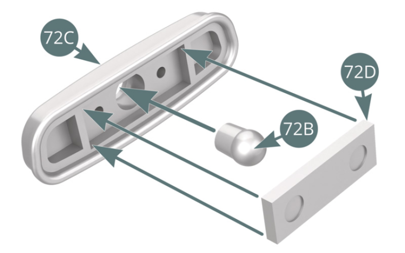 Place the ball joint (72B) into the mirror (72C), then place the support plate (72D) from above into the recess provided on the mirror.