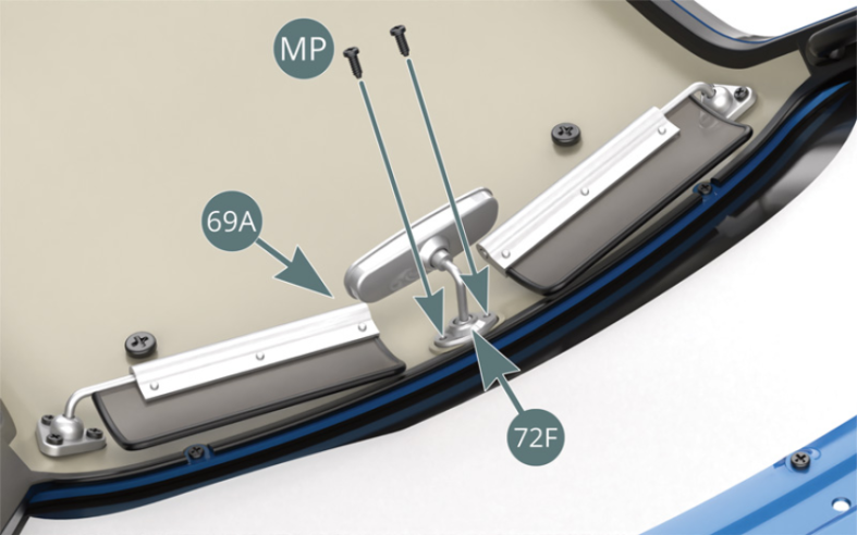 Positionner le support de rétroviseur 72F sur le ciel de toit 69A, puis le fixer avec deux vis MP.