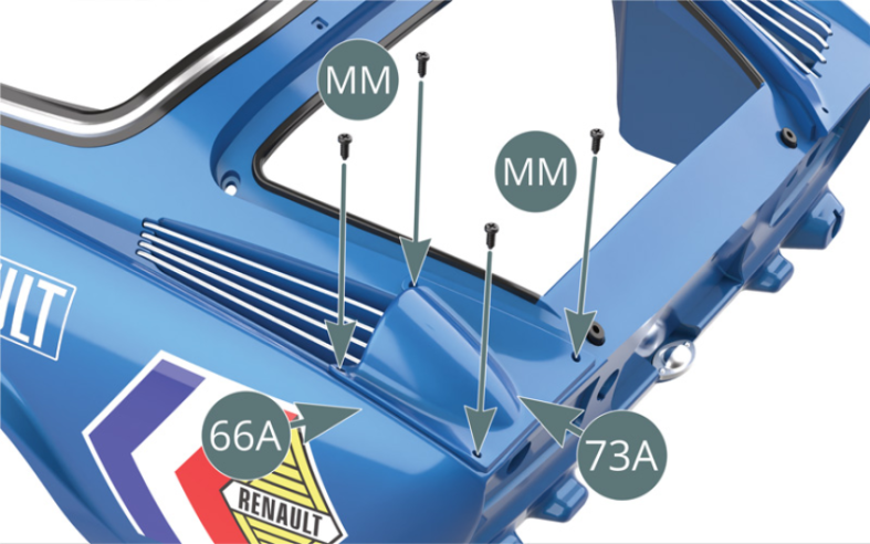 Positionner l’écope d’aération gauche 73A sur la carrosserie 66A et la fixer avec quatre vis MM.