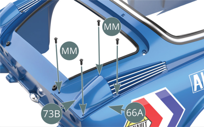 Positionner l’écope d’aération droite 73B sur la carrosserie 66A et la fixer avec quatre vis MM.