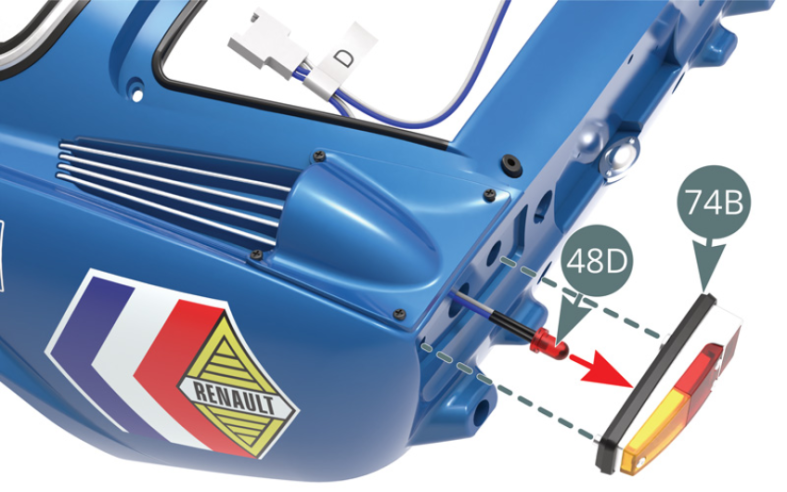 Insérer la LED gauche (fil le plus court) du câble D-48D dans le support arrière gauche 74B, puis fixer le feu arrière gauche 74A et le support 74B sur le côté gauche du panneau arrière de la carrosserie 66A (illustrations ci-contre et ci-dessous).