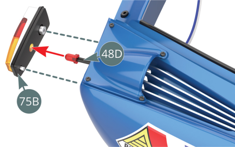 Insérer la LED droite (fil le plus long) du câble D-48D dans le support arrière droit 75B.