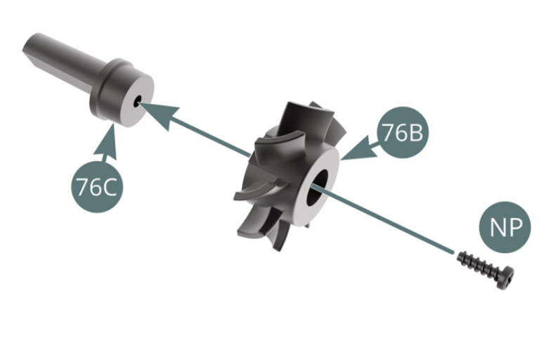 Position the fan propeller (76B) on the axis (76C) and secure with an NP screw.