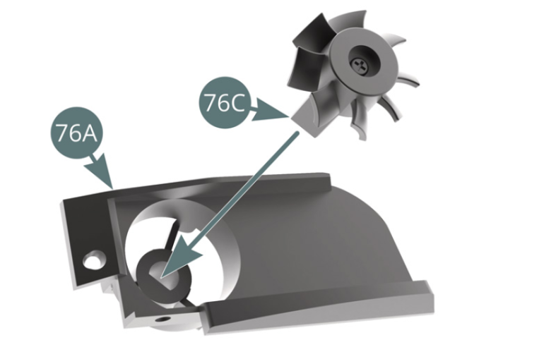 Positionner l’axe 76C sur le support du boîtier de ventilateur de radiateur d’huile 76A.