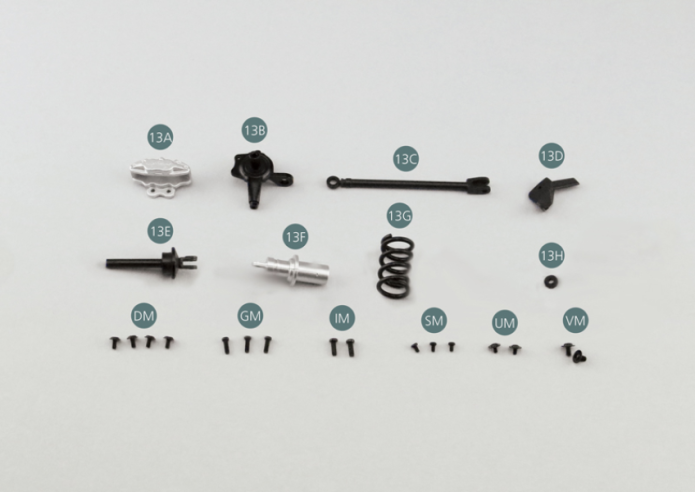 13A Bremssattel vorne links 13B Drehgelenk vorne links 13C Längslenker 13D Halterung 13E Federung Kolbenbolzen 13F Federung Stoßdämpfer 13G Federung 13H Unterlegscheibe Schraube SM M 1,7 x 3 mm (x 3) Schraube GM M 2,0 x 6 mm (x 3) Schraube UM M 1,7 x 3 x 5,5 mm (x 2) Schraube IM M 2,3 x 6 mm (x 2) Schraube DM M 2,0 x 4 x 5 mm (x 4) Schraube VM M 2,3 x 4 x 6 mm (x 2)