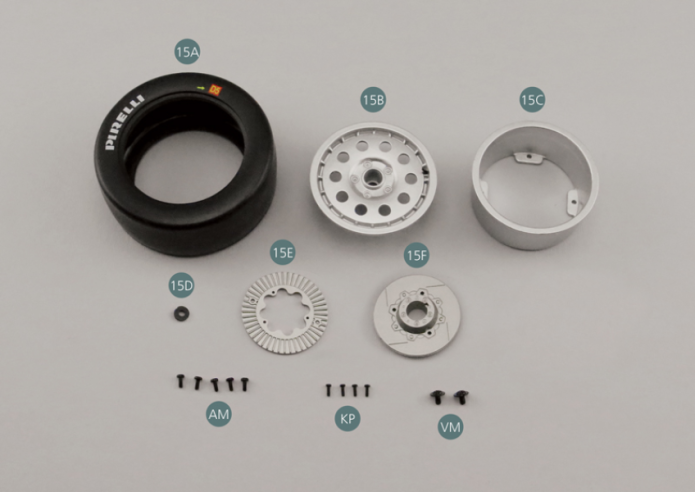 15A Pneumatique15B Jante extérieure de roue avant15C Jante intérieure de roue avant15D Rondelle15E Disque de frein 15F Disque de frein avec moyeuKP Vis M 1,4 x 4 mm (x 4)AM Vis M 1,7 x 4 mm (x 5)VM Vis M 2,3 x 4 x 6 mm (x 2)