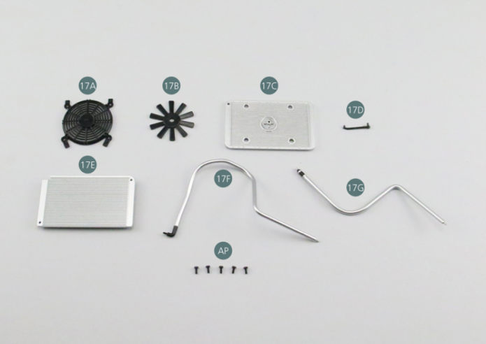 17A Fan grille 17B Fan propeller 17C Radiator (front part) 17D Overflow pipe 17E 17E Radiator (rear part) 17F Pipe A 17G Pipe B Screw AP P 1.7 x 4 mm (x 5) 