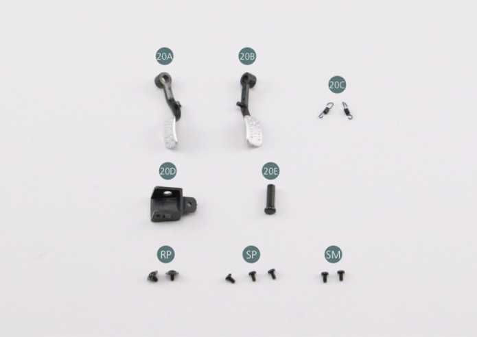 20A Bremspedal 20B Kupplungspedal 20C Feder (x 2) 20D Kurbel 20E Kurbelachse Schraube RP P 1,7 x 3 mm (x 2)Schraube SP P 1,7 x 3 mm (x 3) Schraube SM M 1,7 x 3 mm (x 2) 