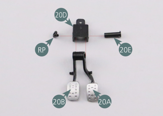 Assemble the brake (20A) and clutch (20B) pedals, then position them both onto the pedal/crankset (20D). Pass the axle (20E) through the crankset and the two pedals (20A&20B) and secure with an RP screw.