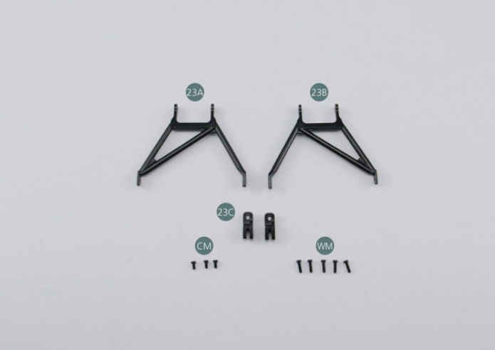 23A Bras de suspension inférieure arrière gauche23B Bras de suspension inférieure arrière droit23C Support de bras de suspension inférieure arrière (x 2)CM Vis M 2,0 x 4 mm (x 3)WM Vis M 2,0 x 7 mm (x 5)