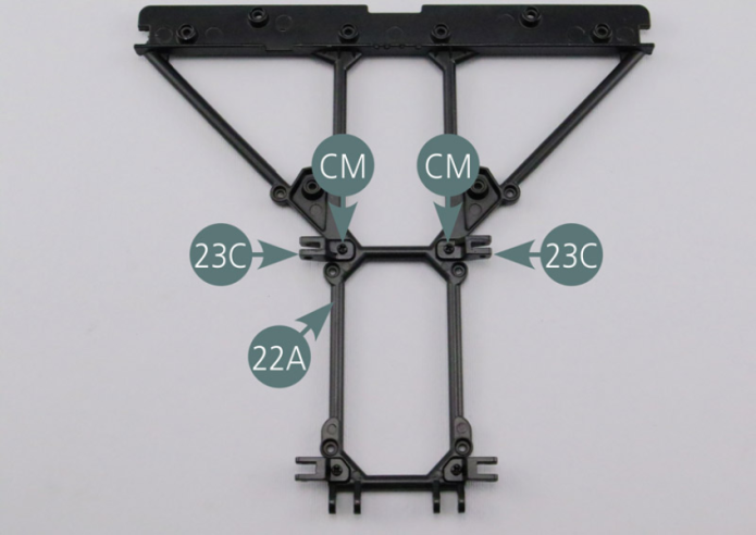 Position the two rear lower suspension arm supports (23C) on the lower rear frame (22A) and fasten them with two CM screws.