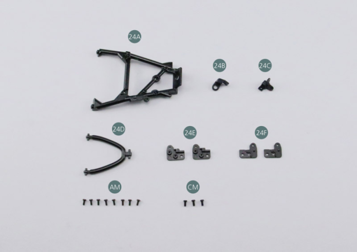 24A Trapezoidal link arm, rear left24B Link arm support #1 24C Link arm support #2 24D Left Rear Upper Suspension Arm 24E Suspension arm support #1 (x 2) 24F Suspension arm support #2 (x 2) Screw AM M 1.7 x 4 mm (x 8) Screw CM M 2.0 x 4 mm (x 3) 