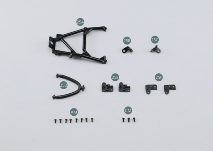 25A Trapezoidal link arm, rear right 25B Link arm support #1 25C Link arm support #2 25D Upper suspension arm, rear right 25E Suspension arm support #1 (x 2) 25F Suspension arm support #2 (x 2) Screw AM M 1.7 x 4 mm (x 8) Screw CM M 2.0 x 4 mm (x 3) 