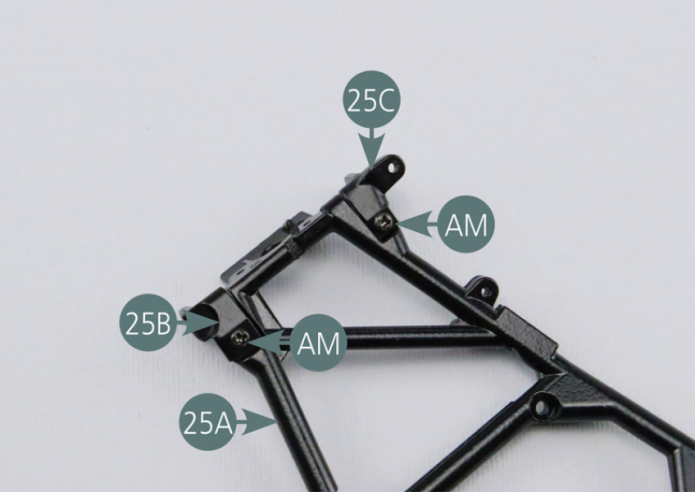 Place the link arm supports (25B & 25C) on the right rear trapezoidal link arm (25A) then secure them with two AM screws.