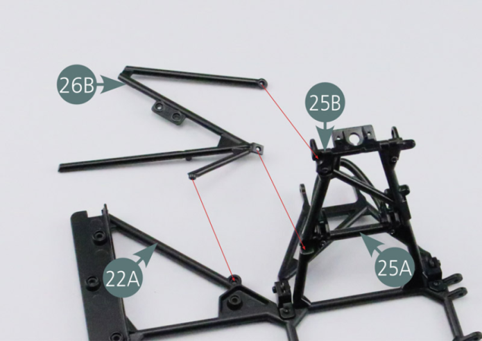 Place the right rear reinforcement frame (26B) on the lower frame of the rear chassis (22A) and on the right rear trapezoidal link arm (25A). Secure the reinforcement to the trapezoidal link arm (25A) with two AM screws. Secure the reinforcement frame to the lower frame of the rear chassis (22A) with a CM screw.