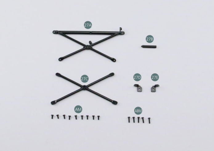 27A External central reinforcement 27B Spacer 27C Inner central reinforcement 27D Left support 27E Right support Screw AM M 1.7 x 4 mm (x 9) Screw ABM M 1.7 x 6 mm (x 5) 