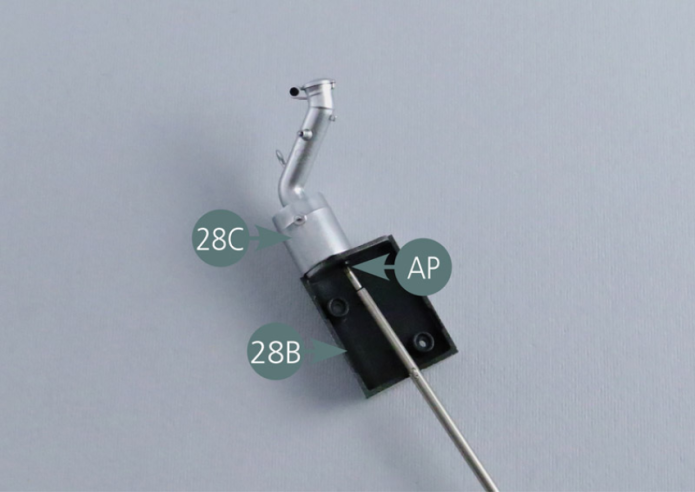 Position the oil tank (28C #3) on the oil tank (28B #2) and secure with an AP screw. Position the oil tank (28A #1) on the oil tank (28B #2) and secure with two AP screws. Position the oil tank (28G #7) on the oil tank (28C #3) as shown.