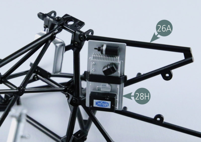 Position the electronic management unit (28H) on the left rear reinforcement  frame (26A) and secure it with two AP screws. 