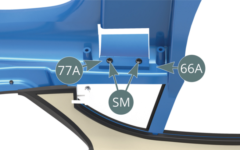 Position the fuel tank flap  (77A) on the top edge of the rectangular opening located on the right side of the bodywork (66A), then secure it from the inside with two SM screws.