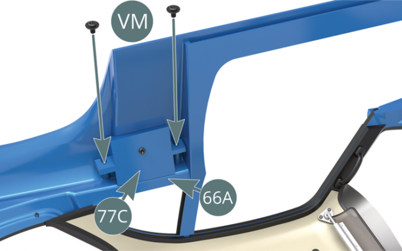 Posizionare il pannello di accesso al serbatoio dall'alto e fissarlo dall'interno con due viti VM. 