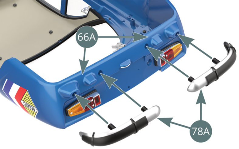 Position the two rear bumpers (78A) on the rear panel of the bodywork (66A) and secure each of them from the inside with two EP screws (illustrations opposite and below).