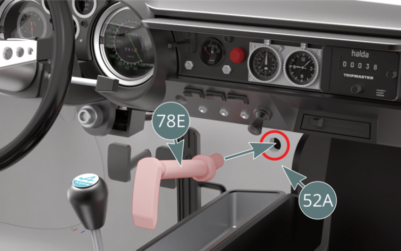 Position the handbrake (78E) on the cabin floor (52A), underneath the dashboard (illustrations above).