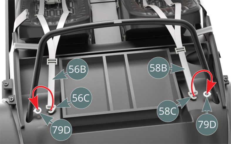 Position the rear rod of the roll bar (79C) on the rear cabin panel (53C) and engage the front rod in the recesses located on the top of the right (79B) and left (79A) cabin panels.