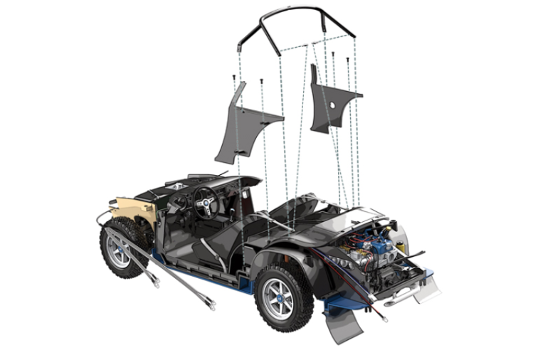 Fissare le cinture di sicurezza (58B&56B) - utilizzando le rispettive cinture di sicurezza a gancio (58C&56C) - ai ganci chiusi (79D) situati su ciascun lato del roll bar (illustrazioni sopra e sotto).