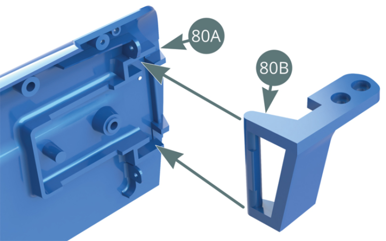 Position the hinge axis (80B) in the housing provided on the inside of the left door (80A). Position the tapered end of the leaf spring (80C) alongside the hinge axis (80B), then position the two openings of the spring into the protrusions located on the inside of the left door (80A).