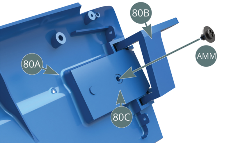 Fixer le ressort à lame 80C sur la portière gauche 80A avec une vis AMM.Ne pas trop serrer la vis afin de permettre le mouvement rotatif de la charnière 80B.