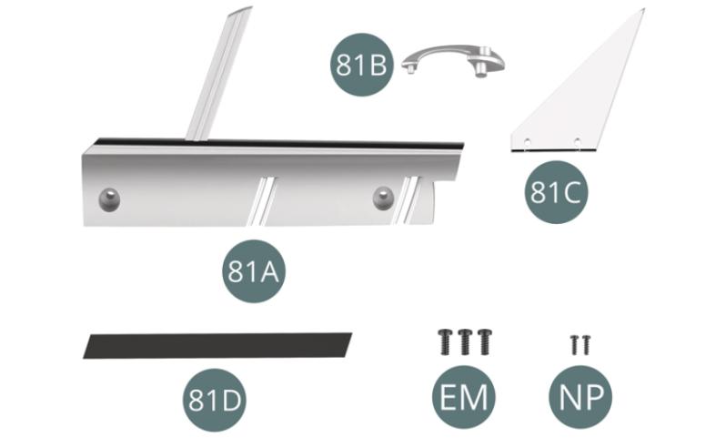 81A Encadrement de vitre81B Poignée de portière81C Vitre latérale fixe81D GlissièreEM Vis M 2,0 x 5 mm (x 3)NP Vis M 1,2 x 4 mm (x 2)