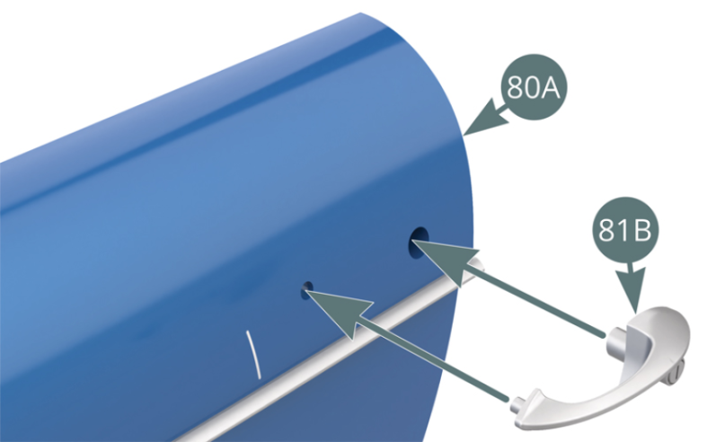 Position the handle (81B) on the exterior panel of the left door (80A) and secure it from the inside with an NP screw.