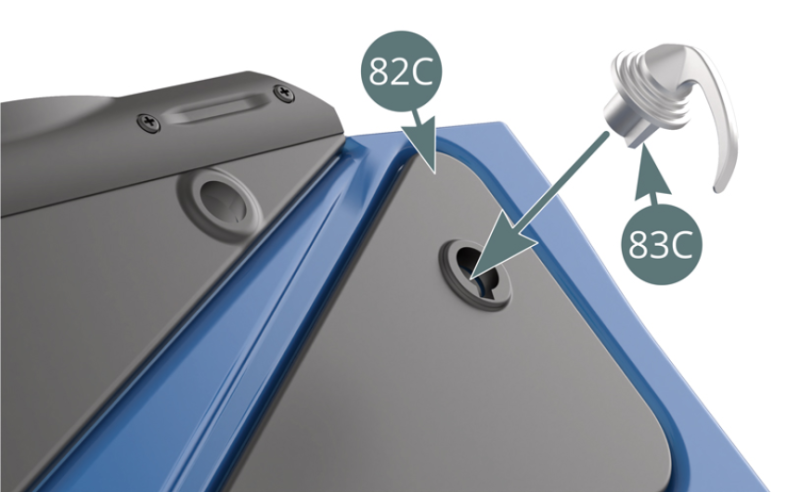 Positionner la poignée de fermeture 83C sur la garniture de portière 82C et la fixer sur le panneau intérieur de la portière gauche 82A depuis l’autre côté avec une vis RP (illustrations ci-contre et ci-dessous).