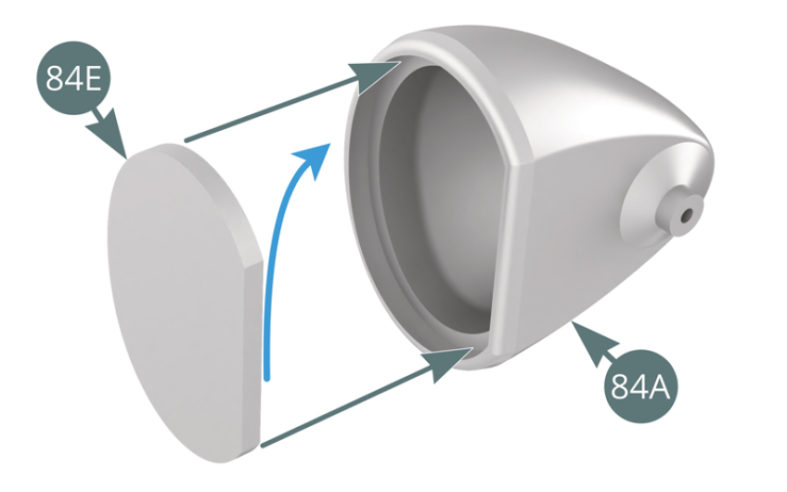 Remove the paper support from the mirror (84E)  and stick the mirror in the housing of the rearview mirror (84A). Position the bracket top (84B) and the ball joint (84D) on the exterior mirror (84A) and secure the assembly with an NP screw – check that you are not overtightening the fixture, the bracket top (84B) needs to remain mobile.