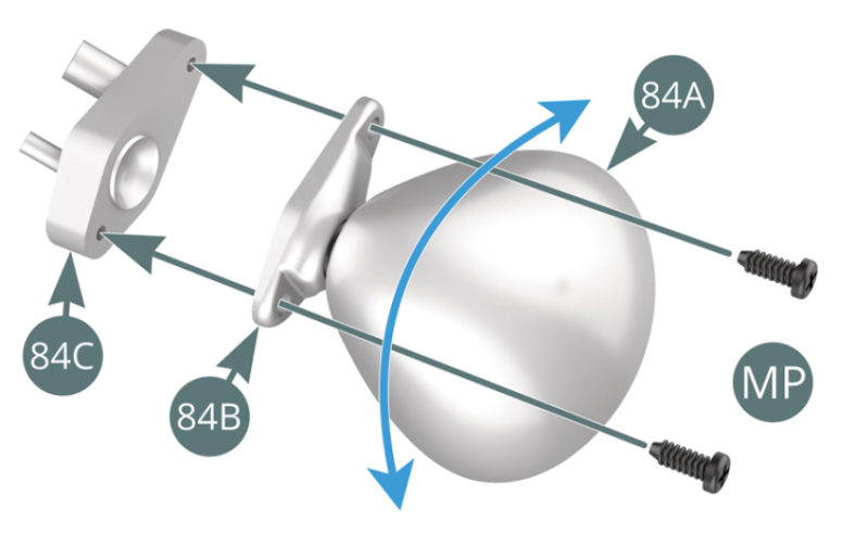 Place the bracket bottom (84C) on the bracket top (84B) and secure with two MP screws – rotate the mirror (84A) to facilitate easy access for the screwdriver. Remove the protective film from the mirror (84E).