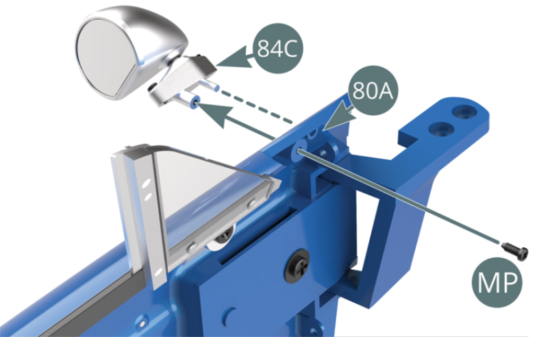 Position the bracket bottom (84C) on the left exterior door panel (80A) and secure with an MP screw.