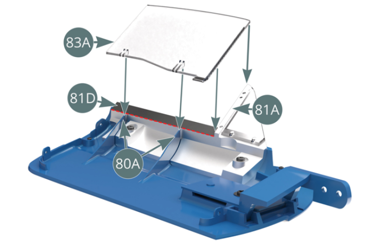 Place the side window (83A) just below the edge of the slider (81D) (as indicated by the red dotted lines) by placing its notched edge along the window frame (81A) and its two guides on the vertical ribs of the left exterior door panel (80A).