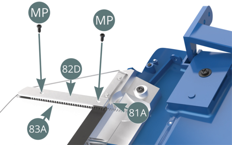 Position the attachment (82D) on the edge of the side window (83A) and the window frame (81A), then secure it with two MP screws, allowing the sliding movement of the window.