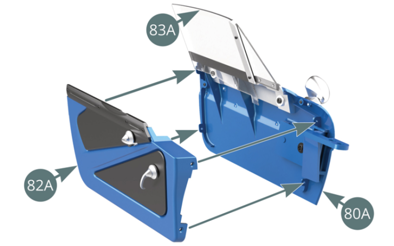 Positionner le montant 82D sur le bord de la vitre latérale 83A et l’encadrement de vitre 81A, puis le fixer avec deux vis MP, permettant ainsi le mouvement coulissant de la vitre.