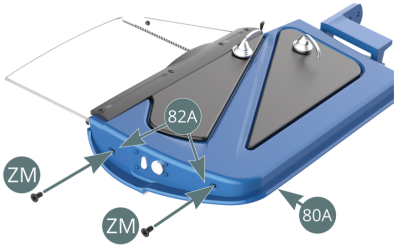 Attach the left inner door panel (82A) to the left outer door panel (80A) with two ZM screws at the front (illustration above) and two ZM screws at the rear (illustration below).