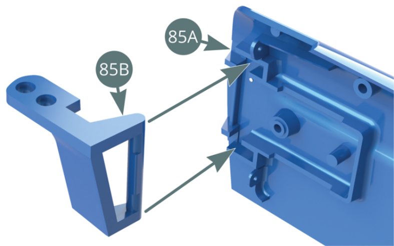 Position the hinge axis (85B) in the housing provided on the inside of the right door (85A). Position the tapered end of the leaf spring (85C) along the hinge pin (85B), then position the two spring holes into the nipples that are located on the inside of the right door (85A).