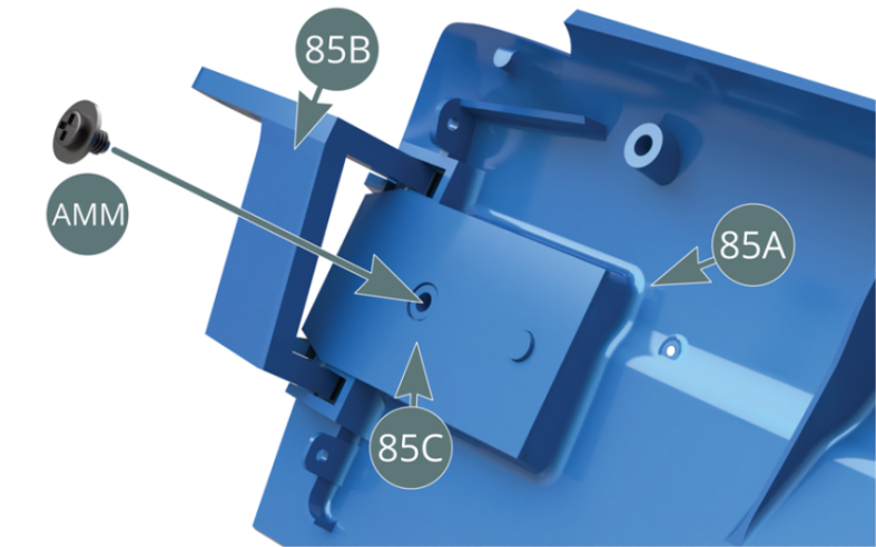 Fixer le ressort à lame 85C sur la portière droite 85A avec une vis AMM.Ne pas trop serrer la vis afin de permettre le mouvement rotatif de la charnière 85B.