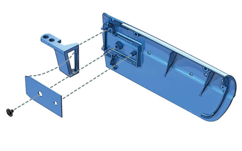 Secure the leaf spring (85C) to the right door (85A) with an AMM screw. Do not overtighten the screw to allow the hinge (85B) to rotate.