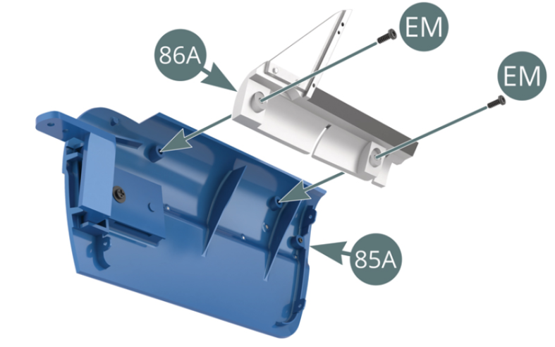 Positionner l’encadrement de vitre 86A sur l’arrière de la portière droite 85A et le fixer avec deux vis EM.