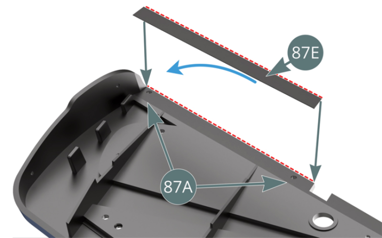 Détacher la glissière 87E de son support en papier et l’appliquer délicatement le long du bord supérieur du panneau intérieur de portière droite 87A (comme indiqué par les pointillés rouges).